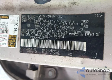 2006 Toyota Highlander V6 from USA, damaged, VIN JTEGP21A660109337